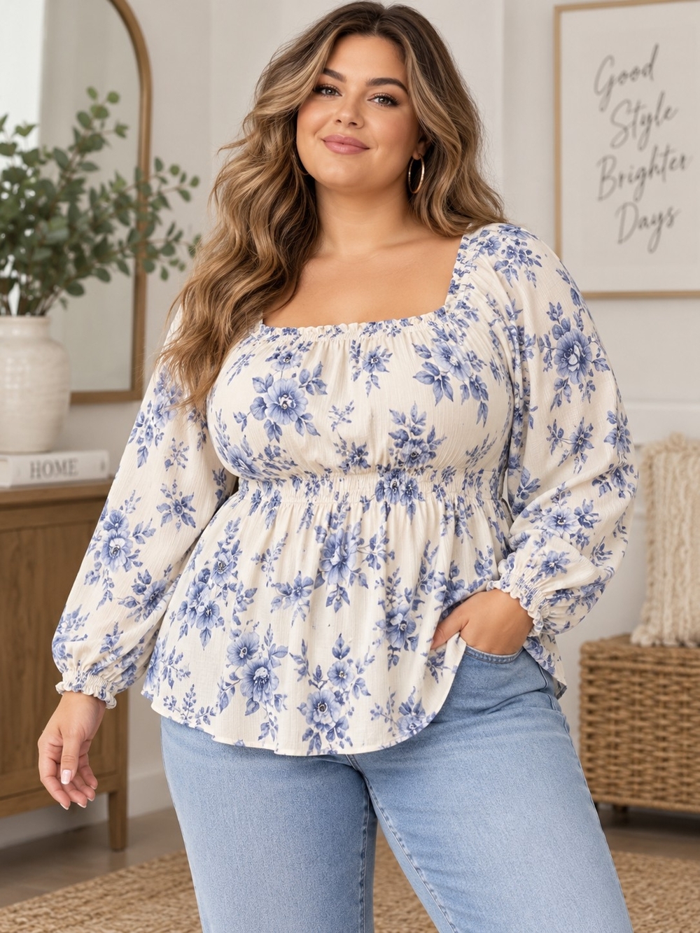 A50. Torrid Square Neck Long Sleeve Peplum Top Floral Cream & Blue Size 5